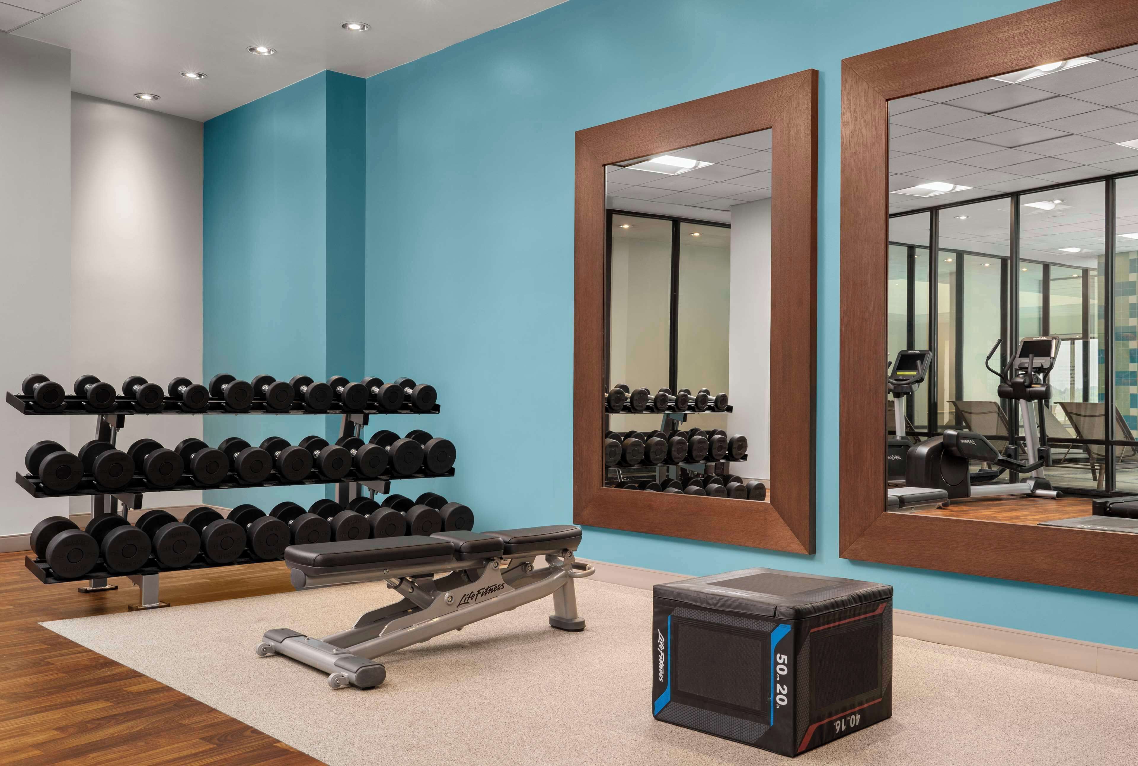 A gym with weightlifting equipment, a bench, and a mirror reflecting the equipment.
