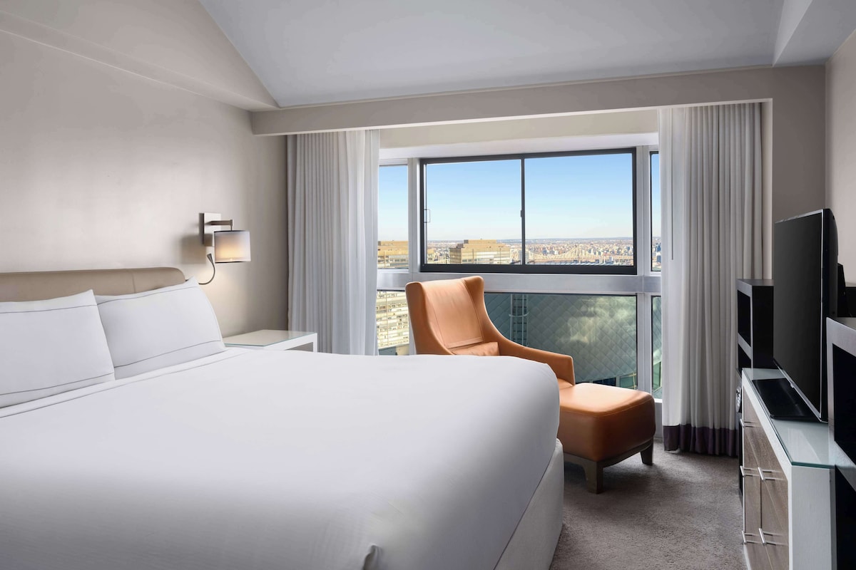 A hotel room with a large bed, a chair, a TV, and a window with a city view.