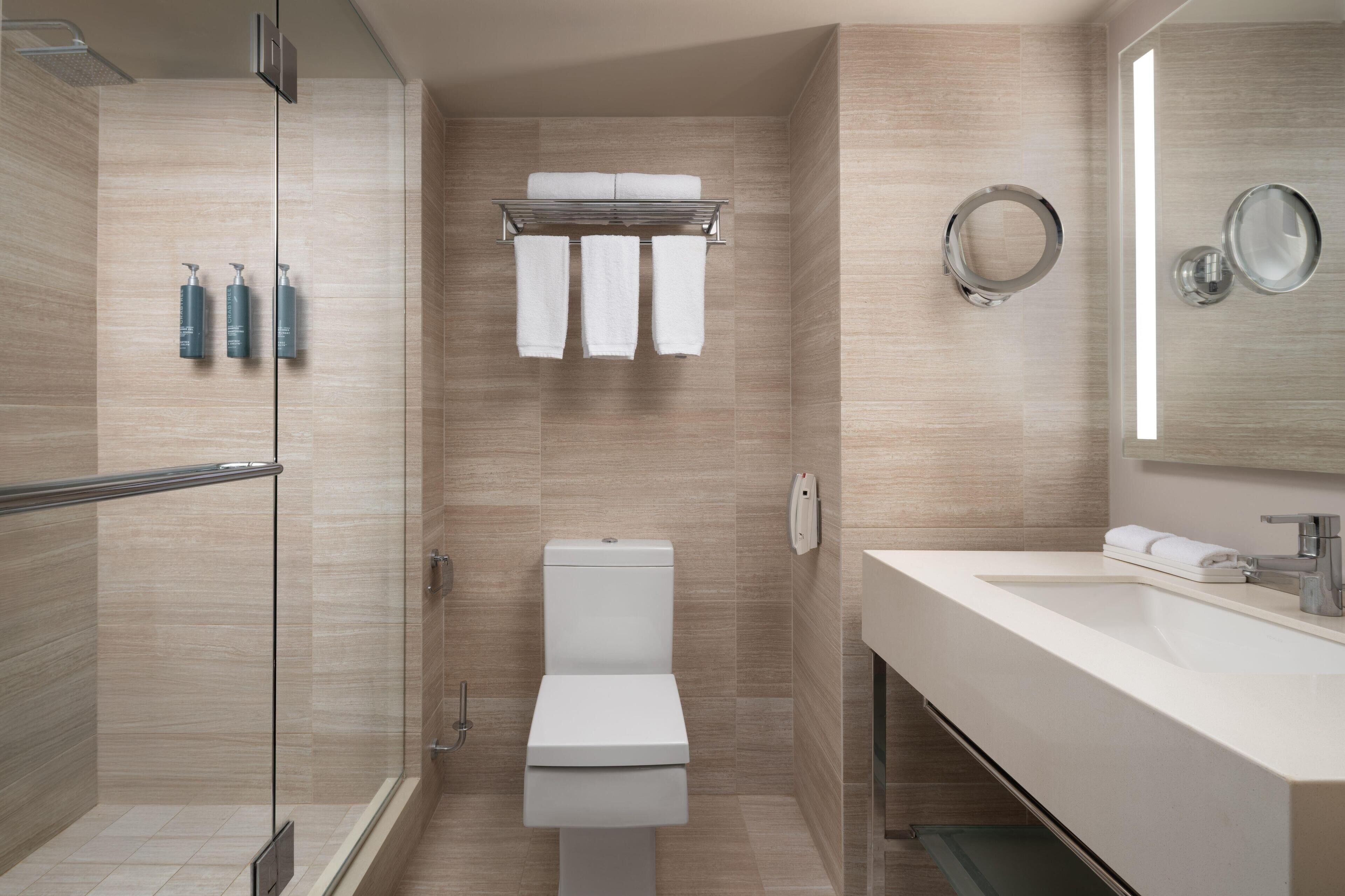 Eco-friendly toiletries, hair dryer, towels, soap