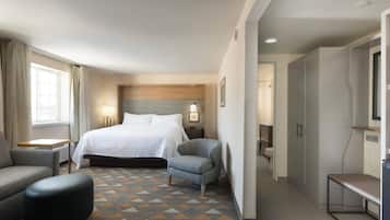 A hotel room with a bed, a desk, a chair, a sofa, and a wardrobe.