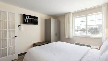 A hotel room with a bed, a wardrobe, a desk, a chair, a television, and a window with a view.