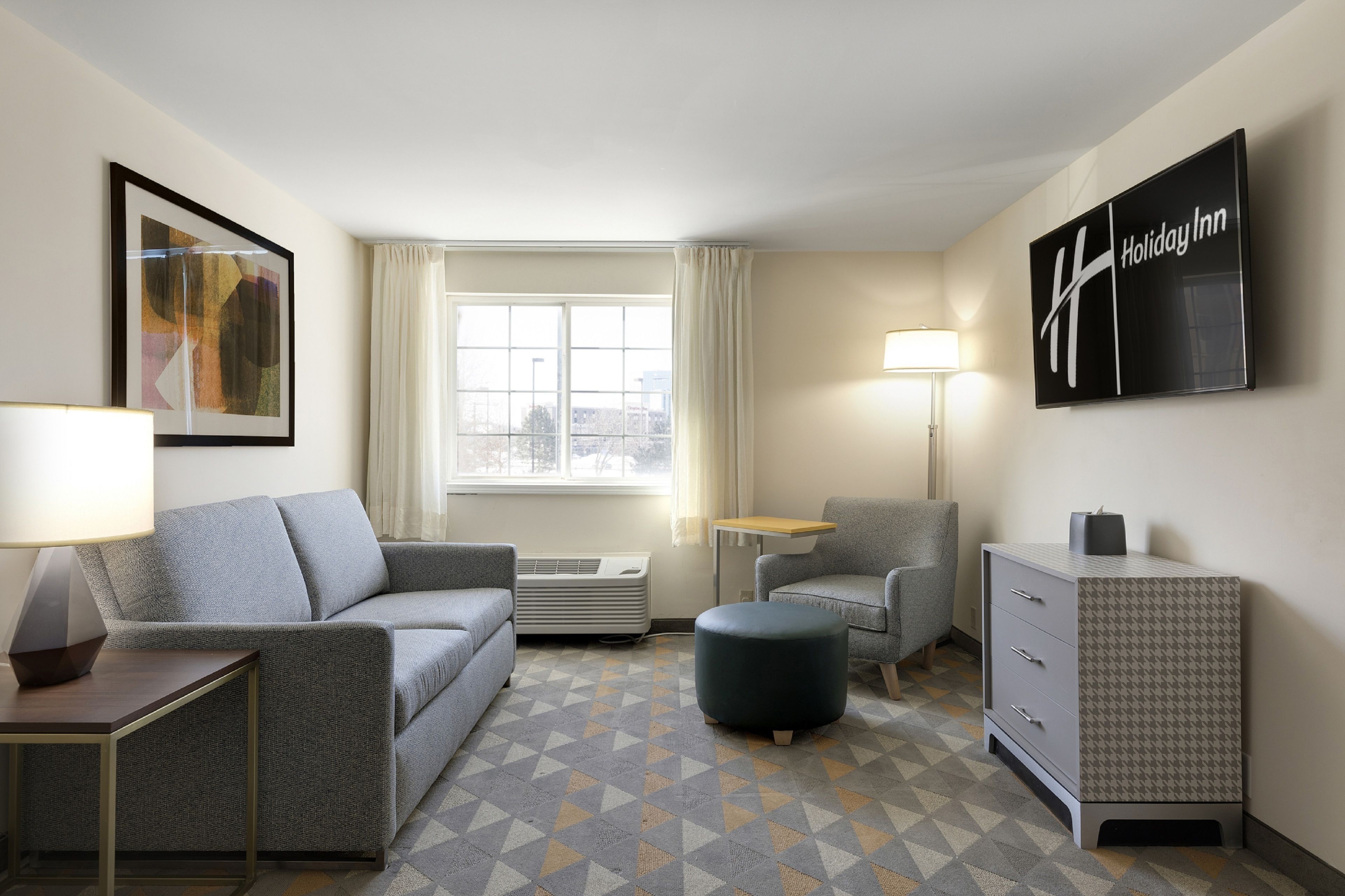 premium bedding, desk, laptop workspace, blackout curtains