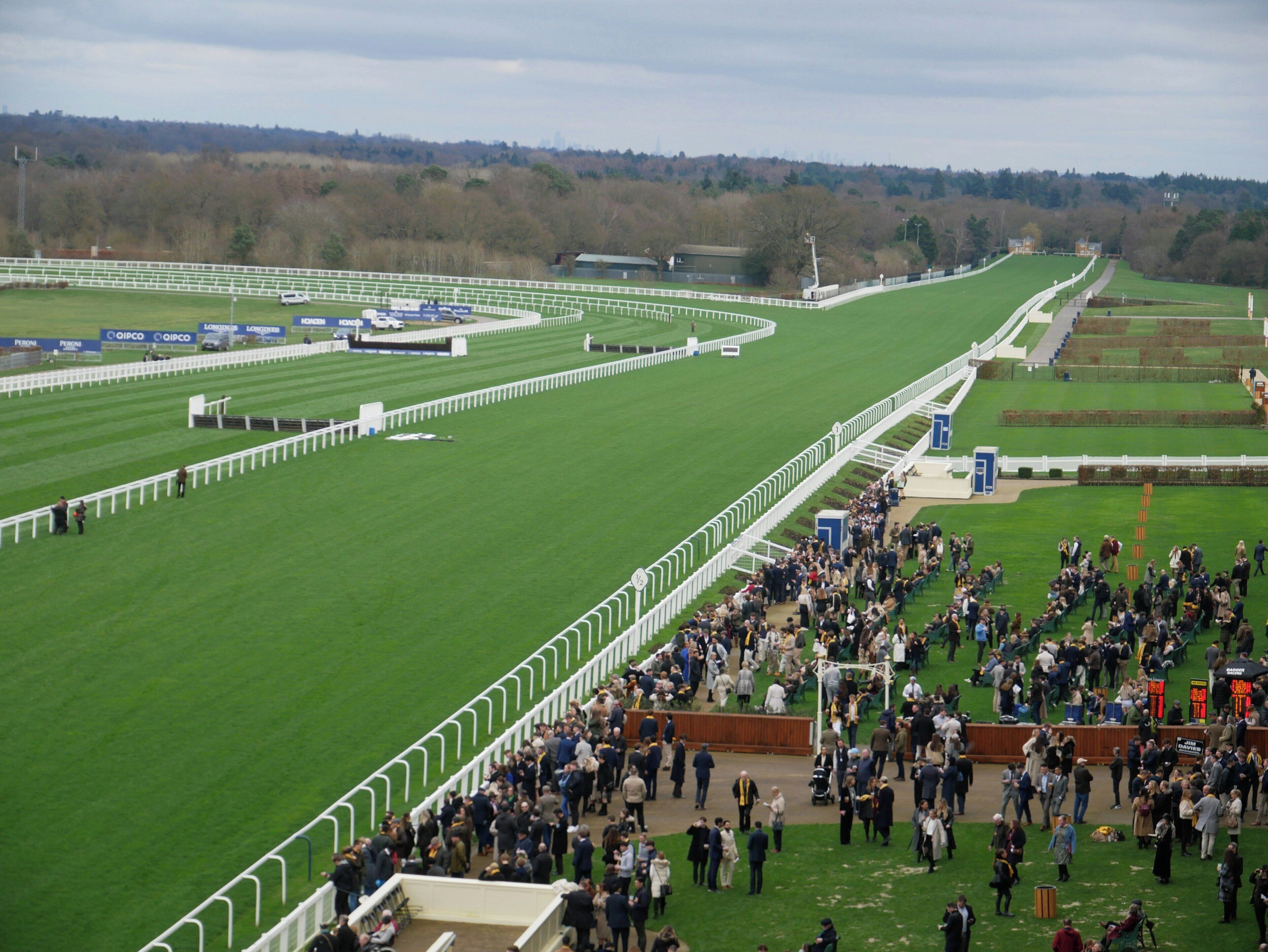 A large outdoor venue with a green field, white fences, and a crowd of people.