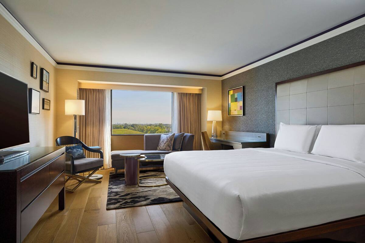 A hotel room with a large bed, a desk, a chair, a sofa, and a view of the outdoors.