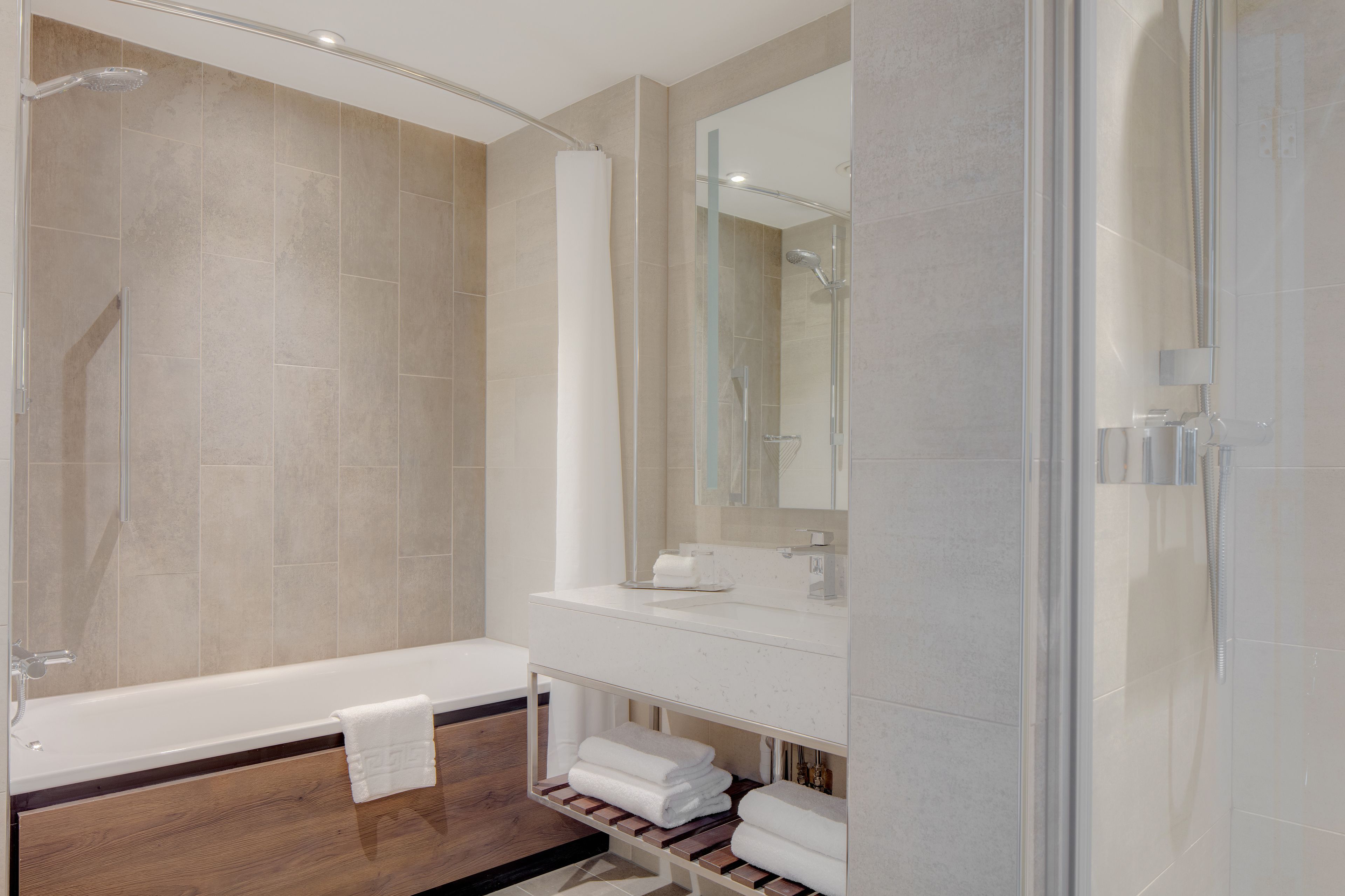 shower, eco-friendly toiletries, hair dryer, towels