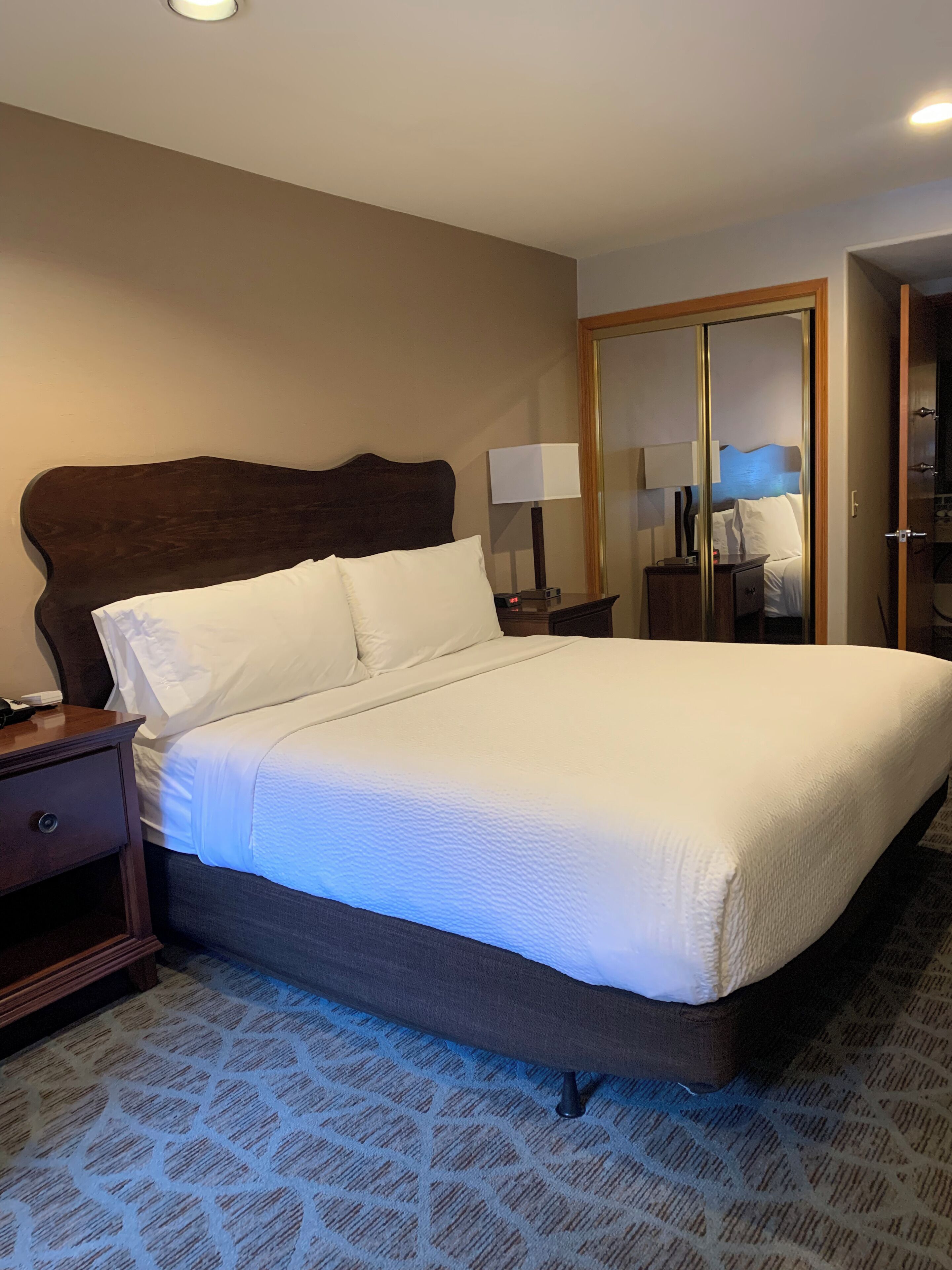 A hotel room with a large bed, a nightstand, a lamp, and a mirror.