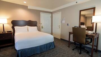 A hotel room with a bed, desk, chair, and a mirror.