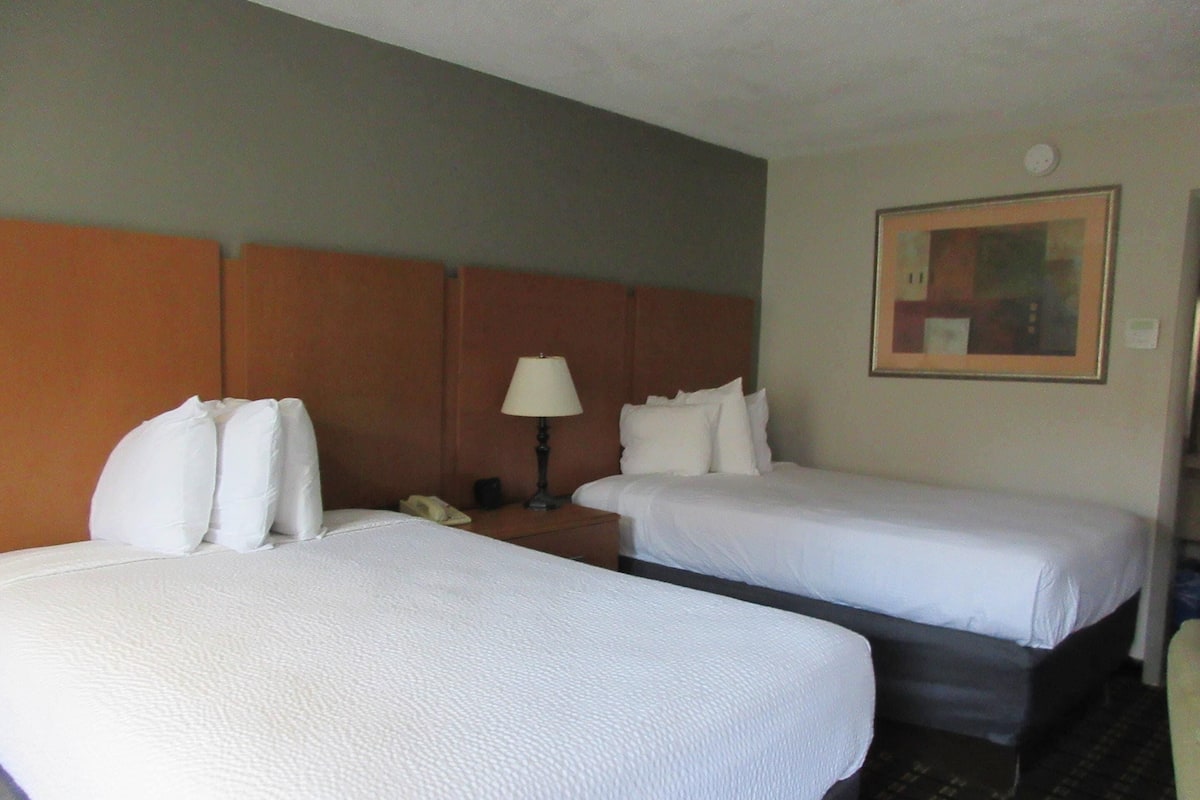 Premium bedding, desk, laptop workspace, blackout curtains