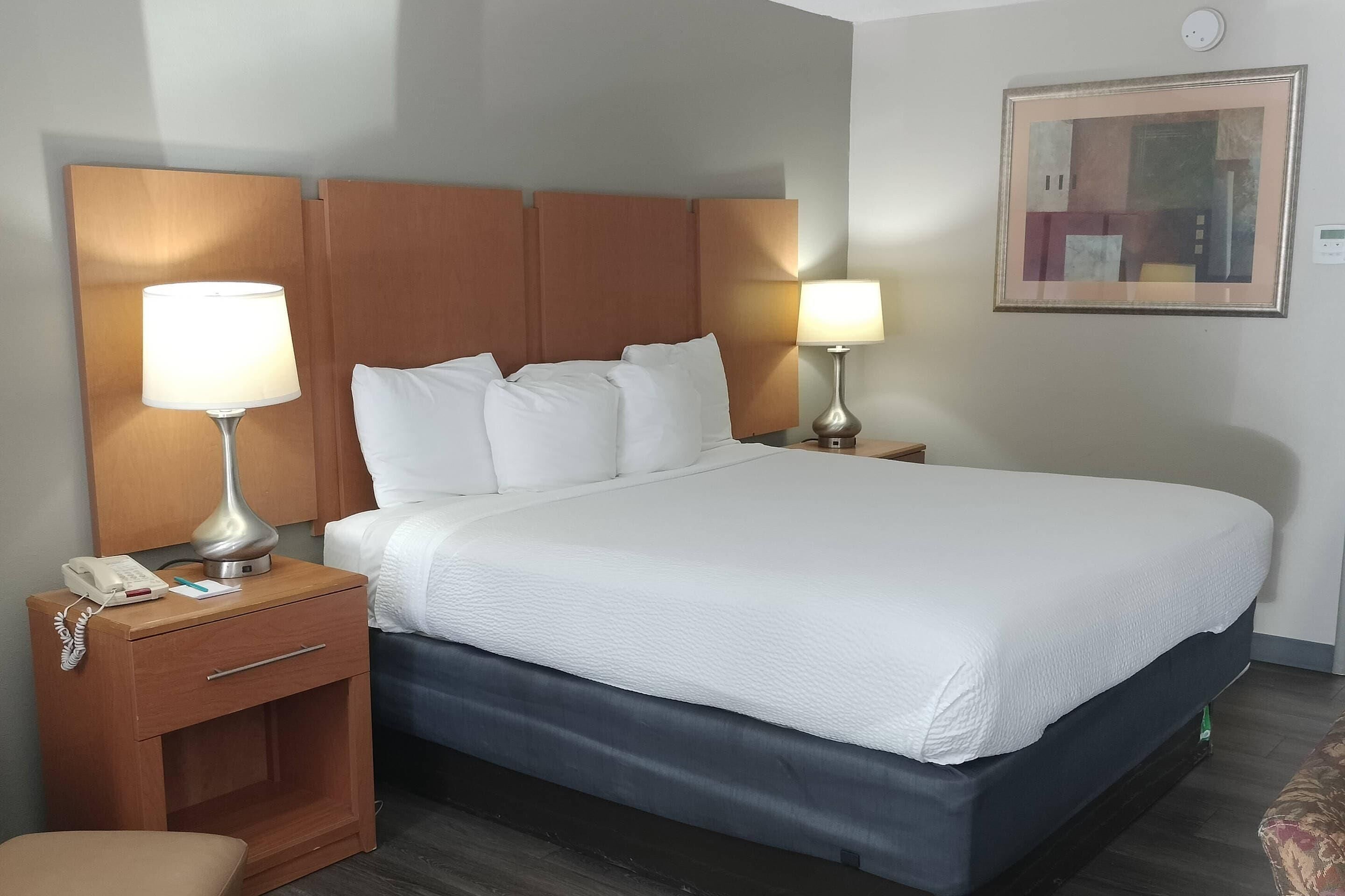 Une chambre d’hôtel avec un lit, des lampes de chevet, une table de chevet avec un téléphone et un tableau accroché au mur.