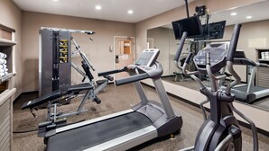 A gym with treadmills, weight machines, and a mirrored wall.