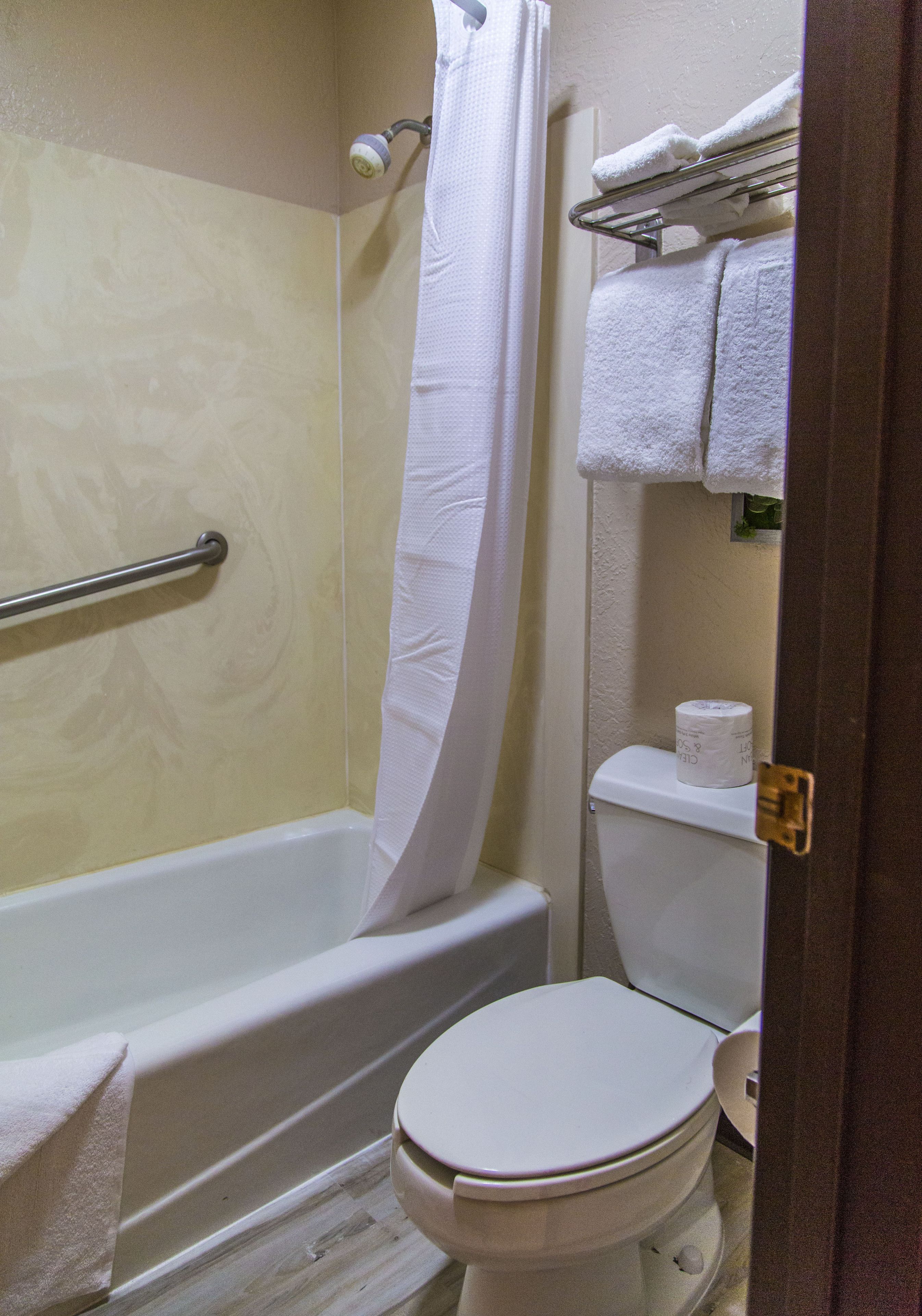 Un baño con bañera, inodoro y cortina de ducha.