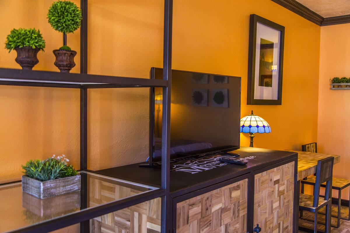 A room with a TV on a wooden cabinet, a lamp, and two potted plants on a shelf.