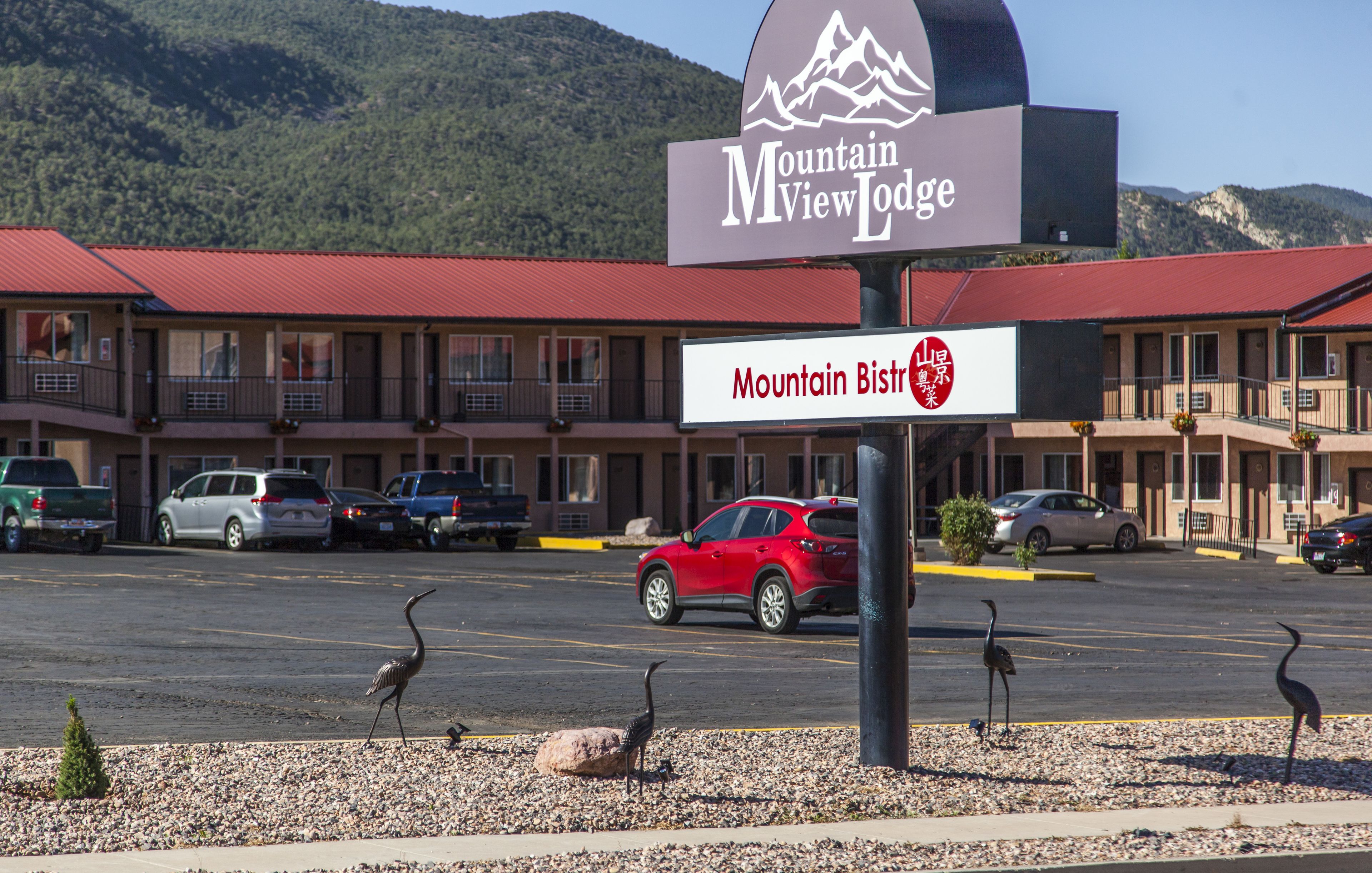 A motel named Mountain View Lodge with a Mountain Bistro sign, featuring a parking lot with several cars and two ostriches on the ground.