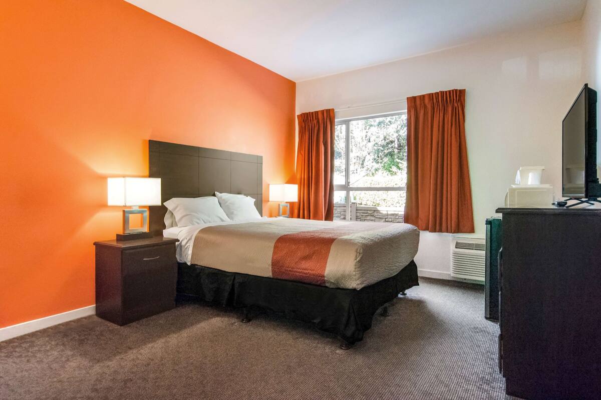 A hotel room with a bed, two bedside tables with lamps, a TV, and a window with curtains.