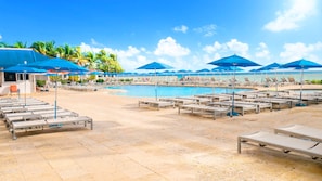 Outdoor pool, pool umbrellas, pool loungers