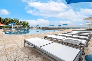Outdoor pool, pool umbrellas, pool loungers