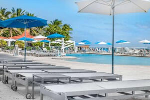 Outdoor pool, pool umbrellas, sun loungers