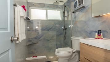 Ein modernes Badezimmer mit Dusche, Toilette und Waschtisch.