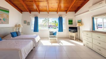 Une chambre avec deux lits, une télévision, un bureau et une chaise.