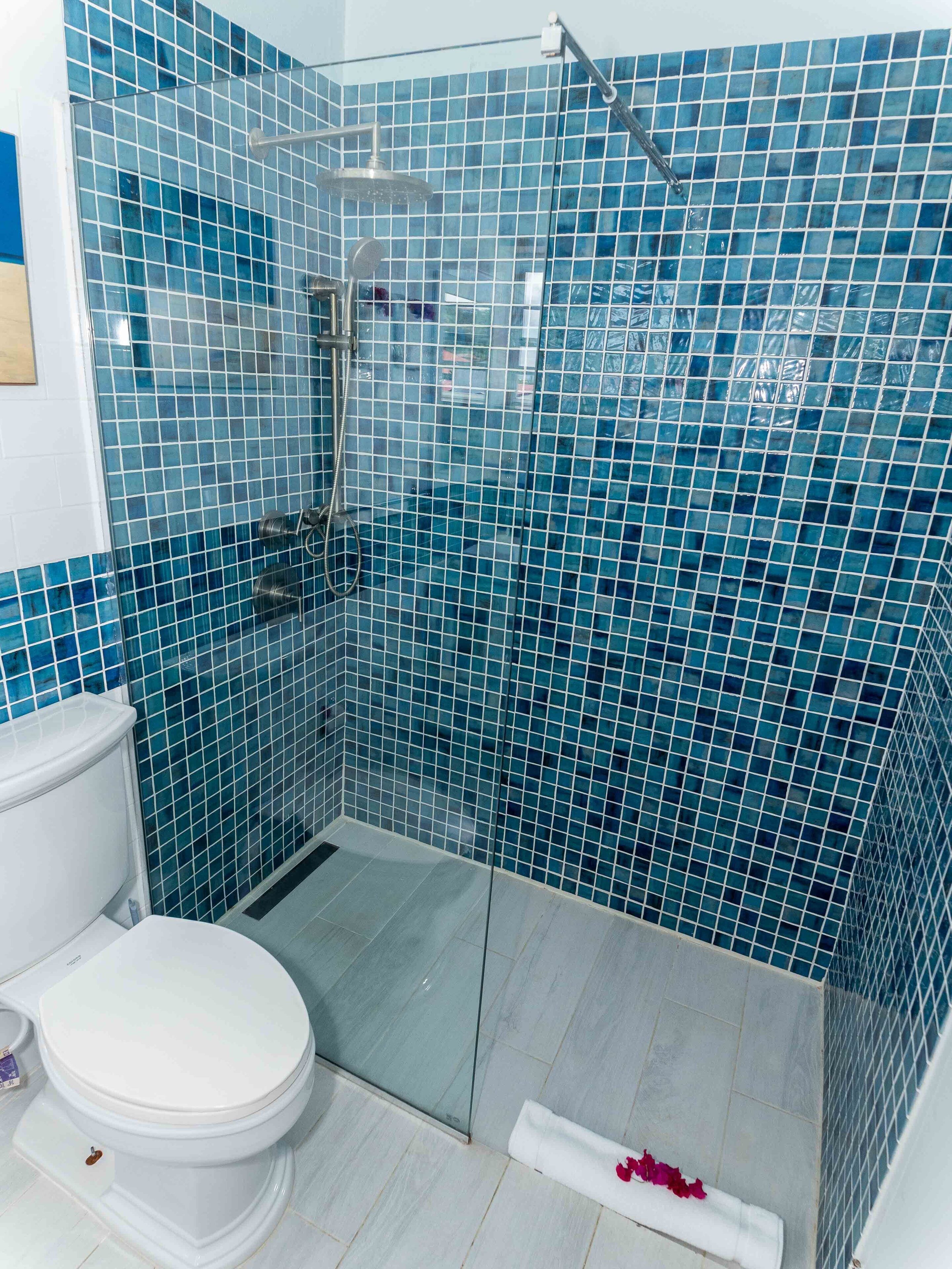A bathroom with blue-tiled walls, a glass shower enclosure, and a white toilet.