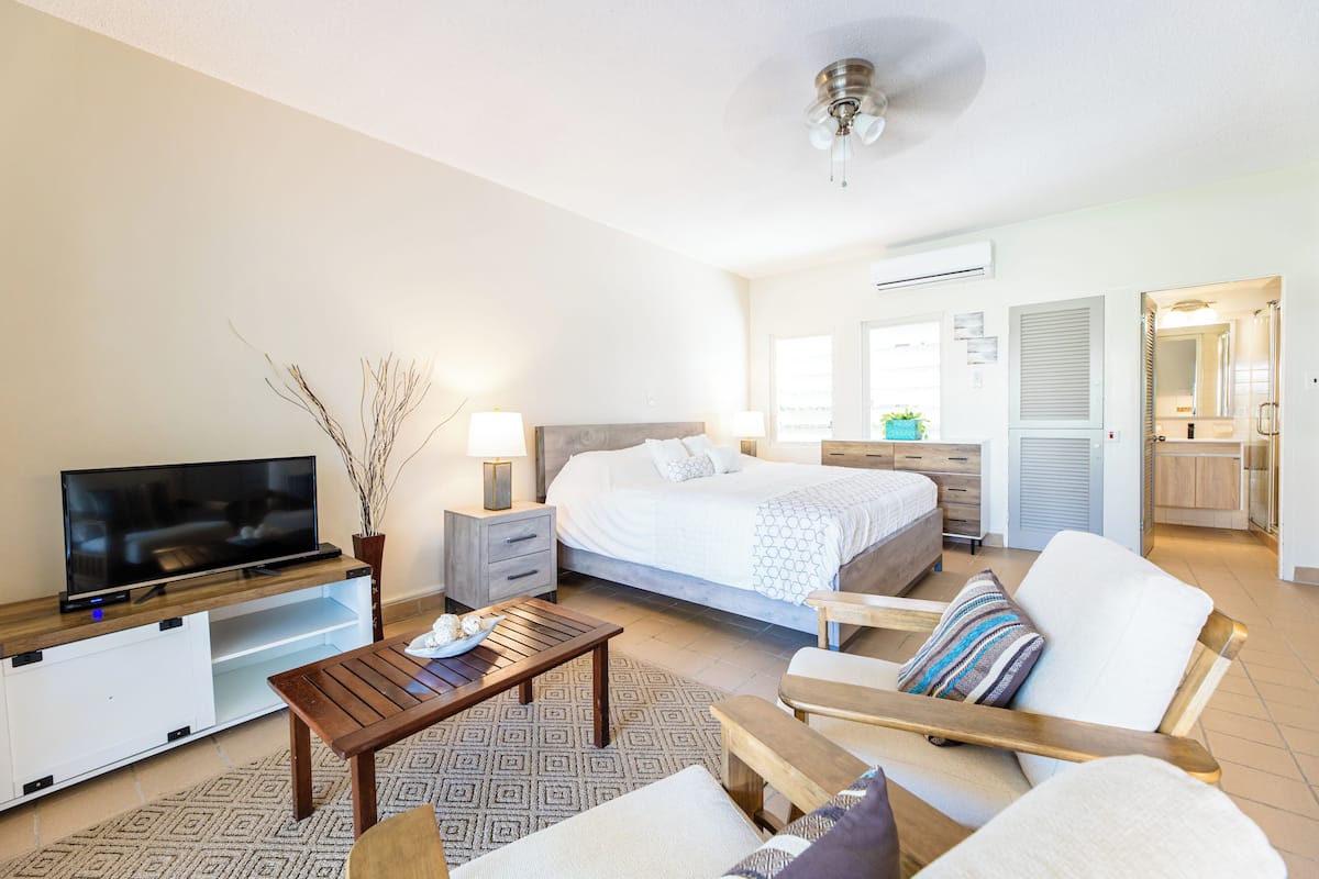 Une chambre d’hôtel avec un lit, une télévision, un bureau, une chaise et une salle de bain visible à travers une porte ouverte.