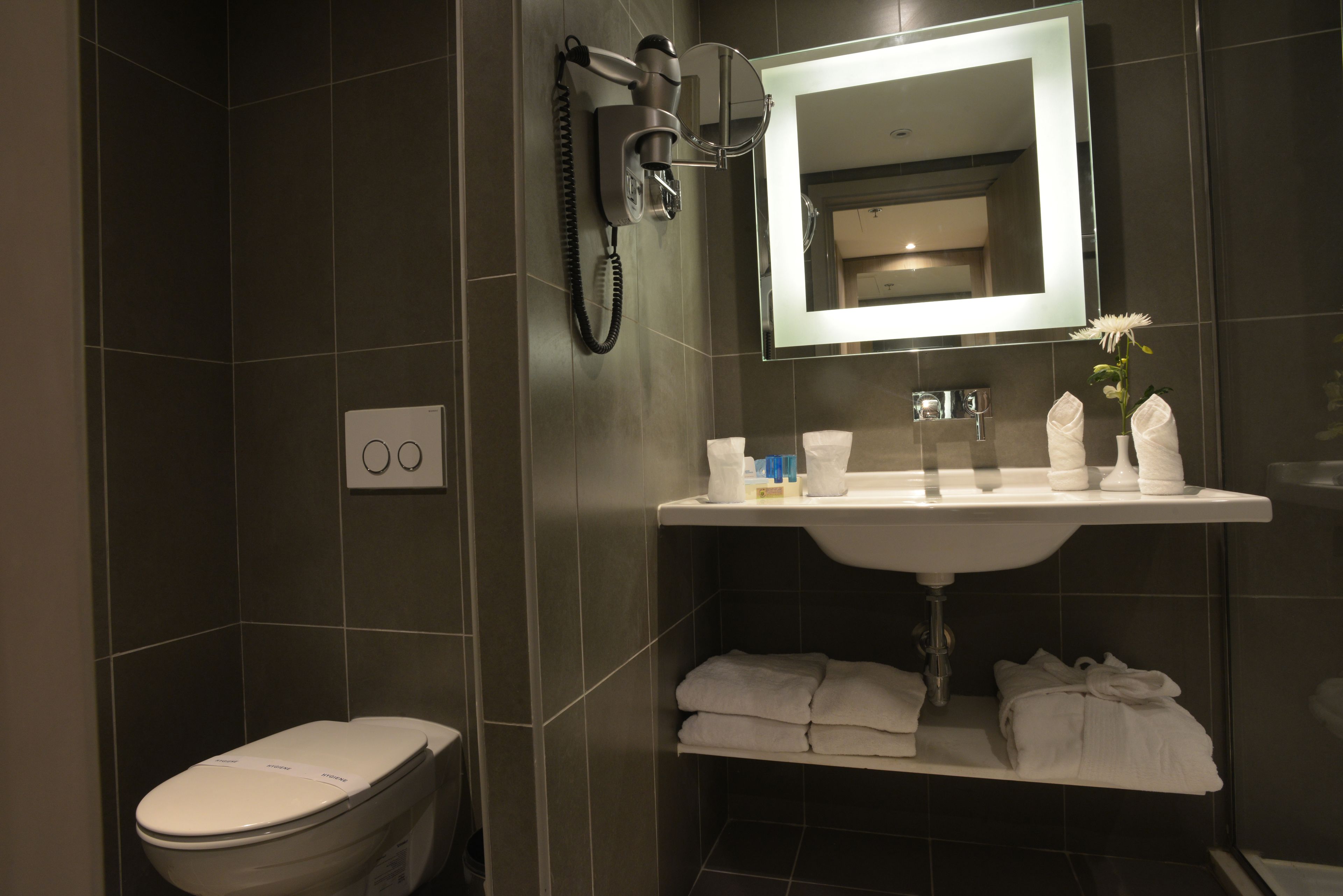 eco-friendly toiletries, hair dryer, towels