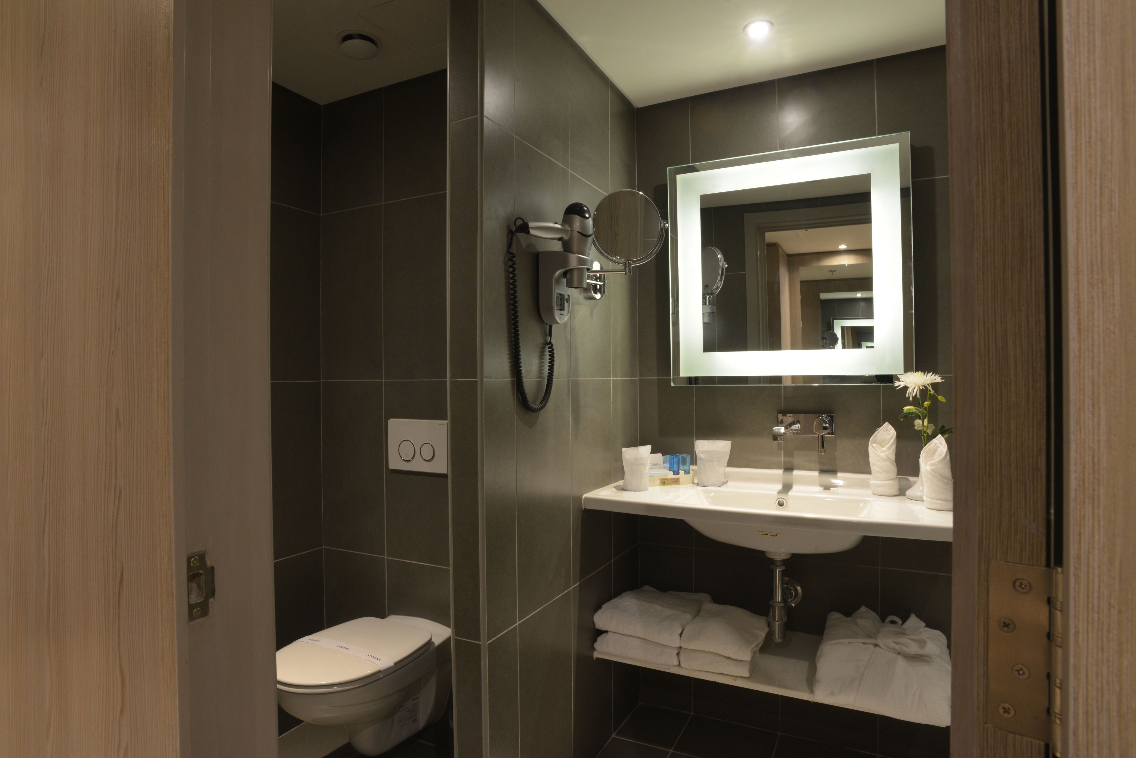 eco-friendly toiletries, hair dryer, towels