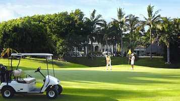 Golfers can enjoy a round on the lush course surrounded by palm trees and a well-maintained lawn.