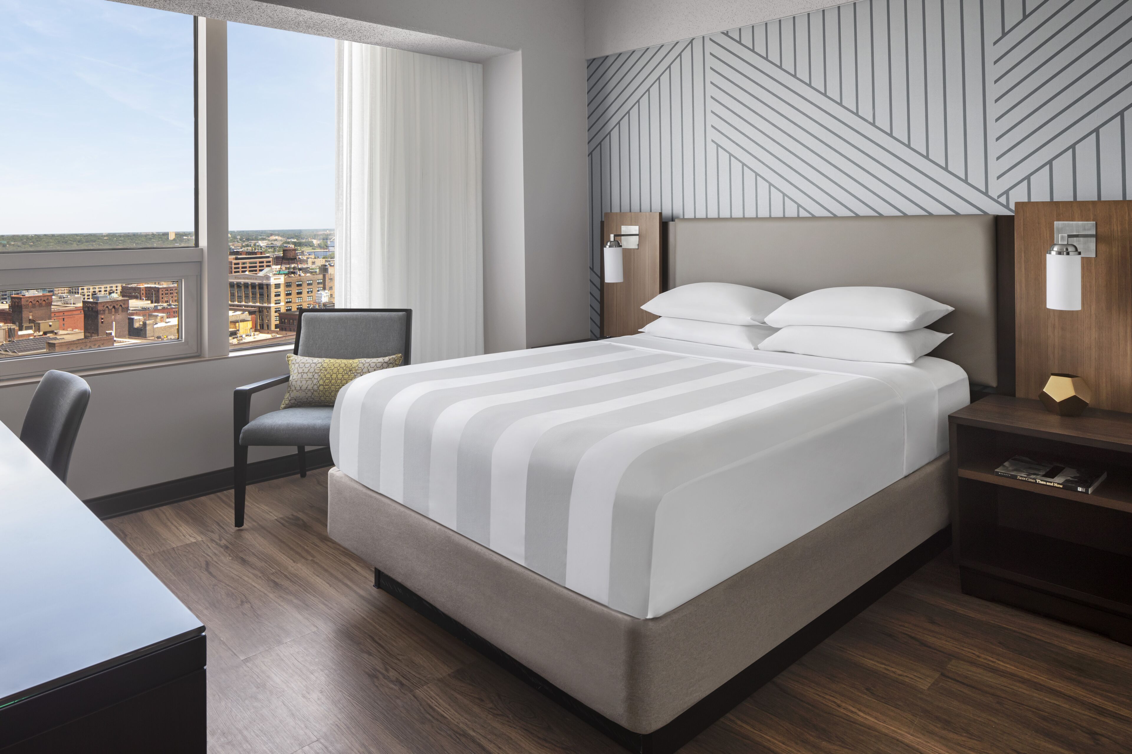 premium bedding, desk, laptop workspace, blackout curtains