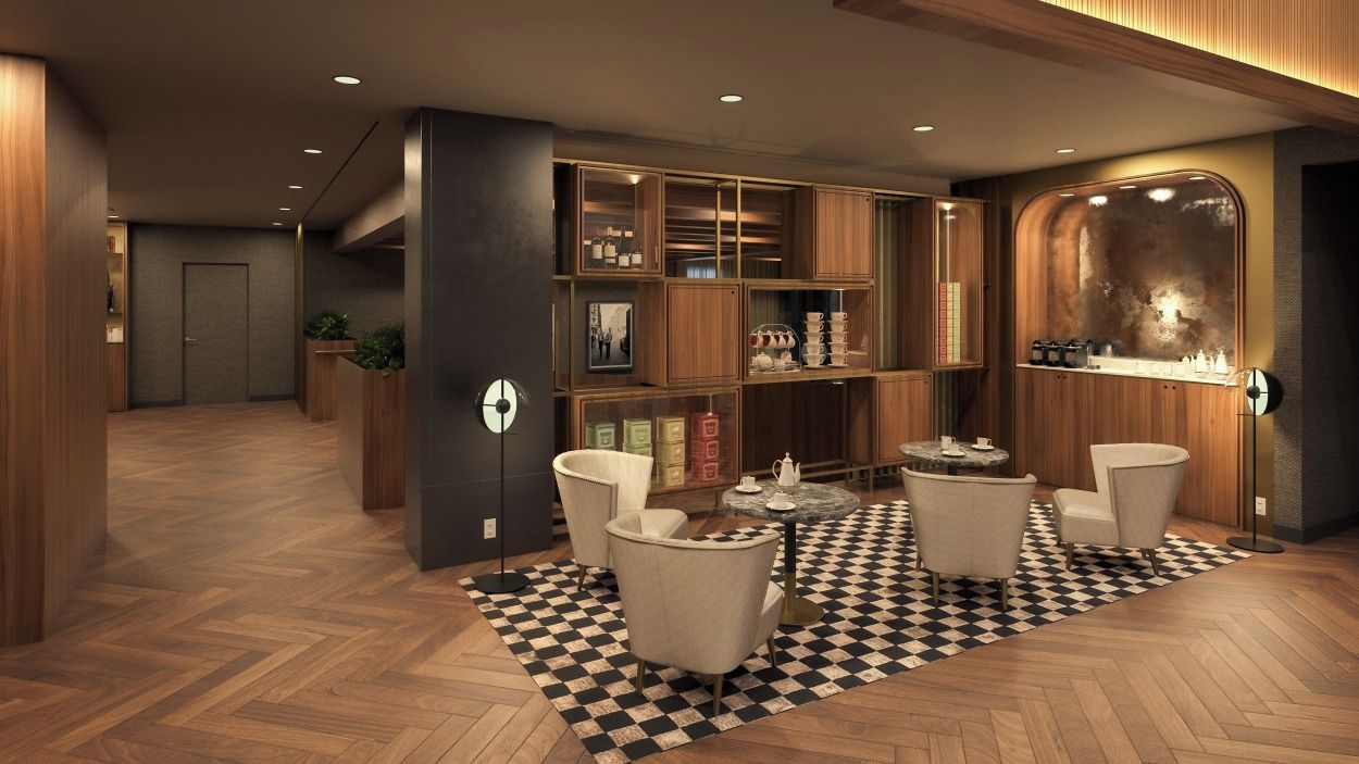 A modern interior with a checkered floor, wooden cabinets, and seating area.