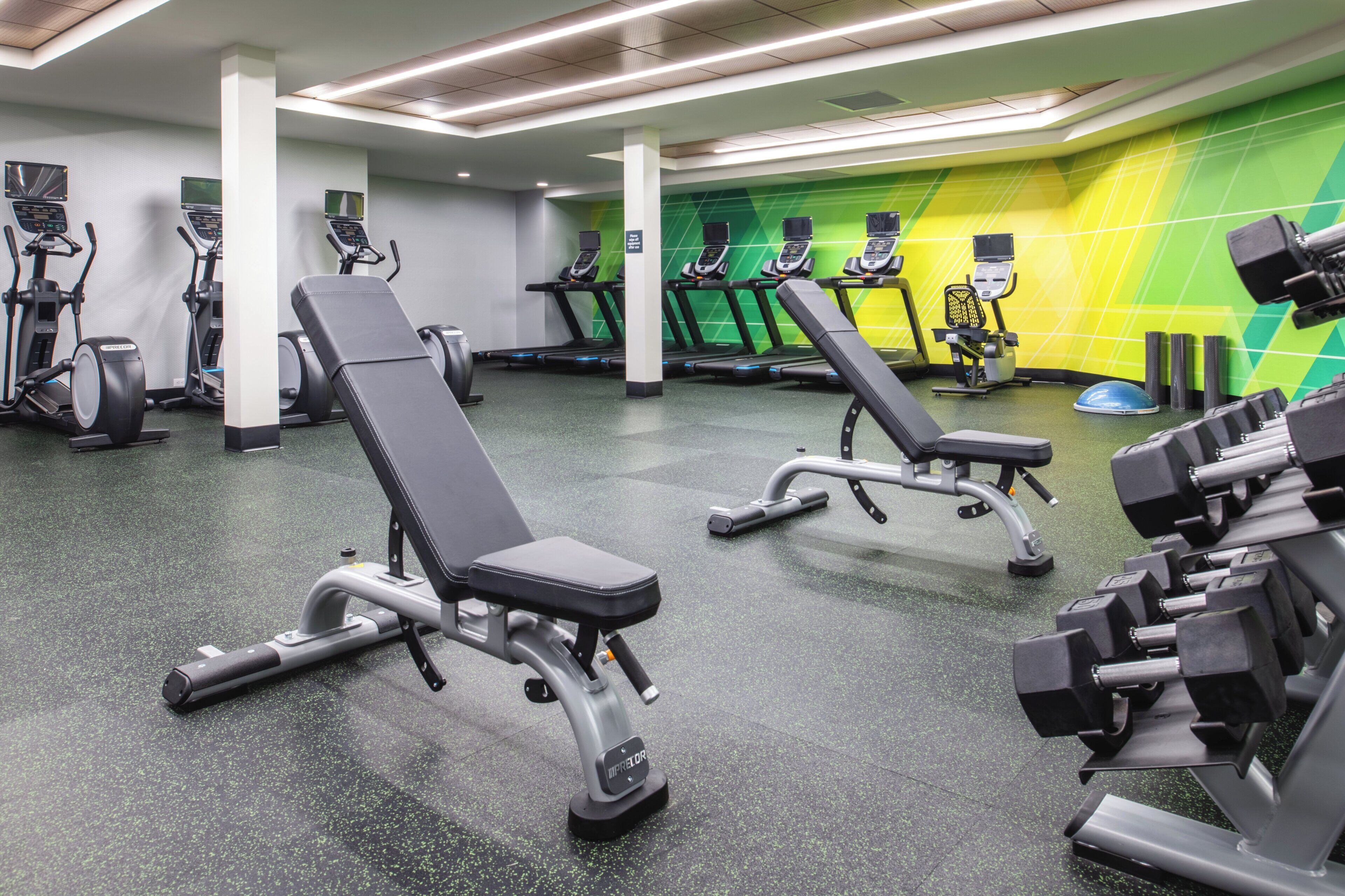 A gym with various exercise equipment including treadmills, elliptical machines, and weight benches.