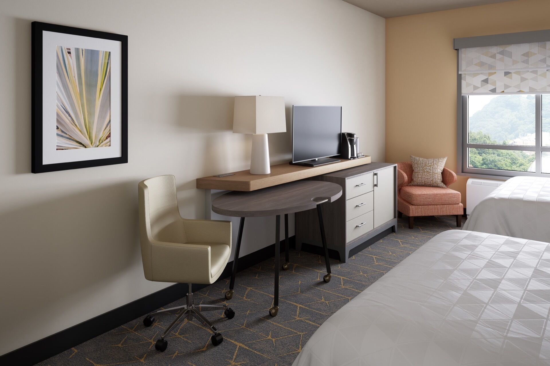 A hotel room with a bed, a desk with a chair, a TV, and a window with a view.