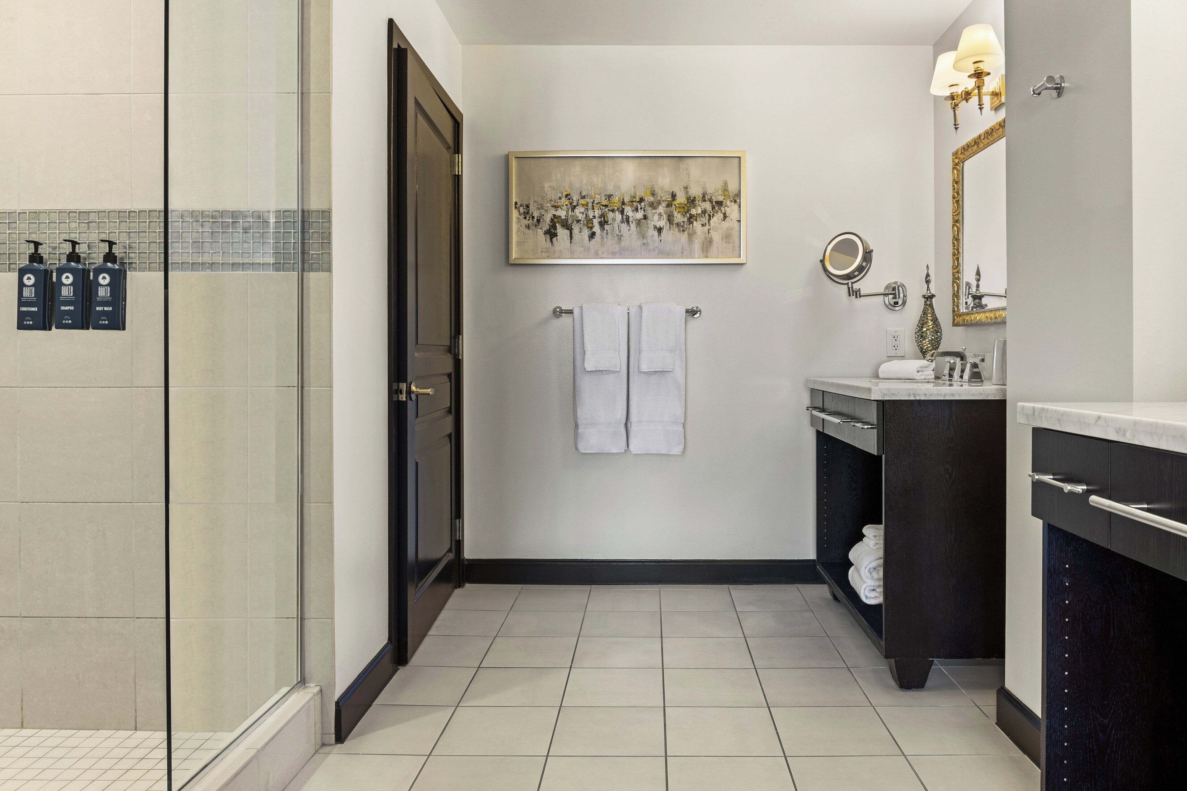 shower, free toiletries, hair dryer, towels