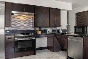 Fridge, microwave, dishwasher, coffee/tea maker