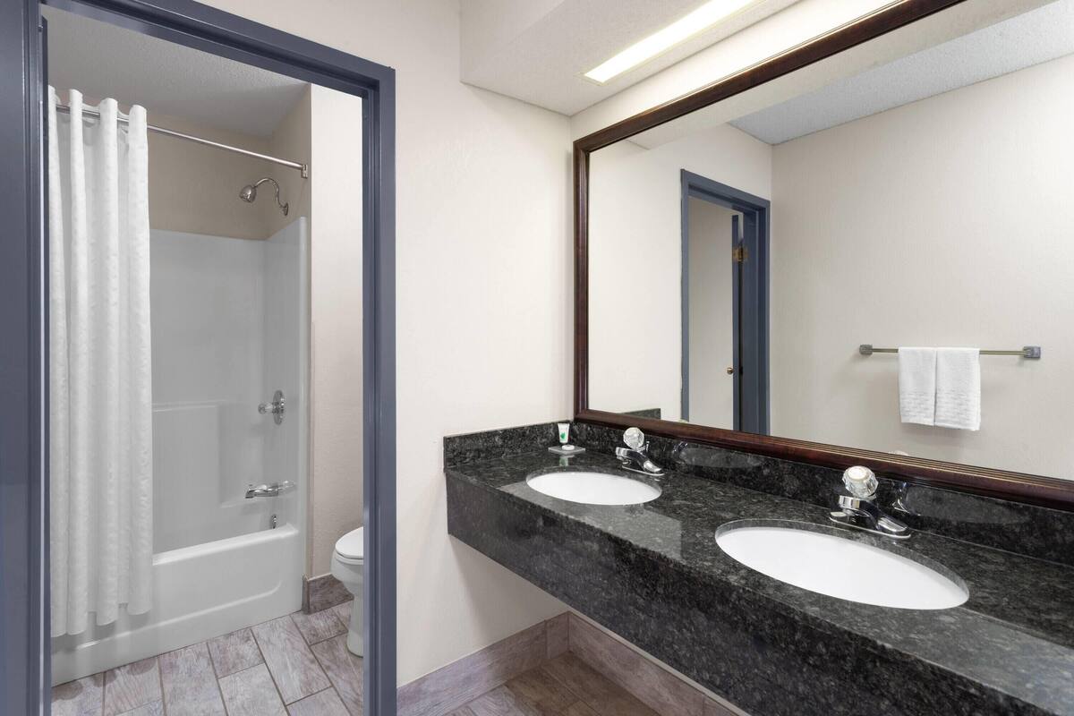 deluxe studio suite, 1 king bed, non smoking | bathroom | hair dryer, towels