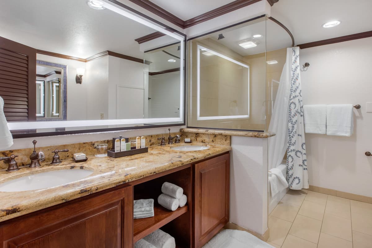 Combined shower/bathtub, free toiletries, hair dryer, bathrobes