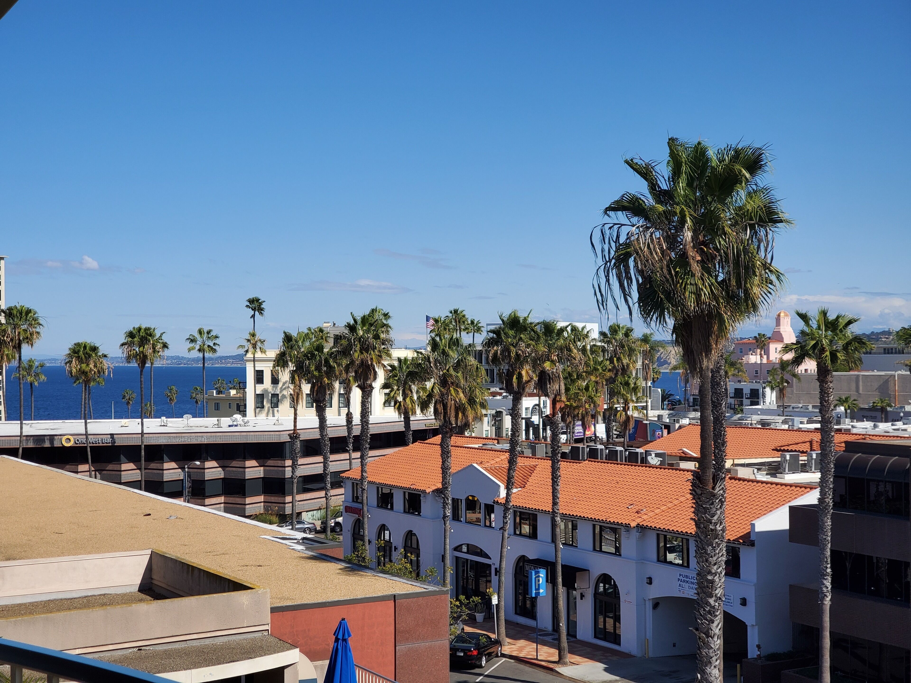 A coastal cityscape with palm trees, a blue sky, and buildings with red-tiled roofs.