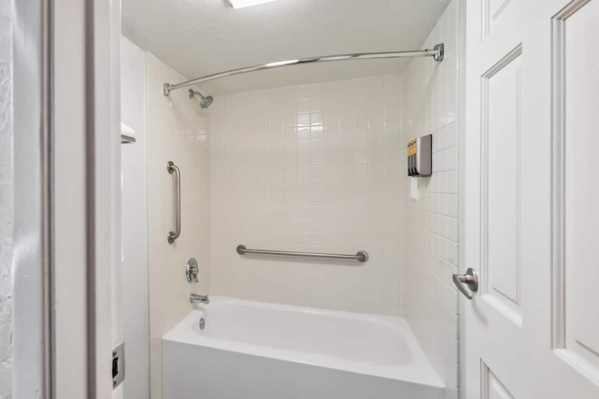 combined shower/bathtub, free toiletries, hair dryer, towels
