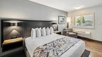 Premium bedding, pillowtop beds, desk, laptop workspace