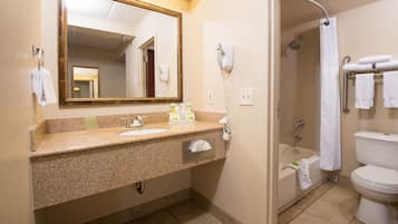 A bathroom with a sink, mirror, hairdryer, shower, and toilet.