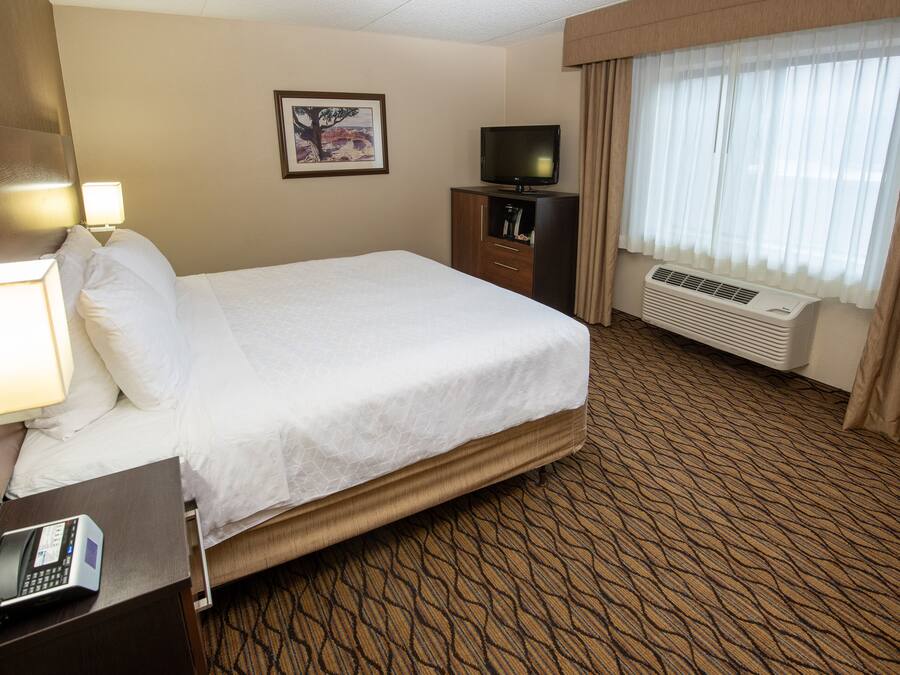 A hotel room with a bed, a TV on a stand, a desk with a phone, a picture on the wall, and an air conditioning unit.