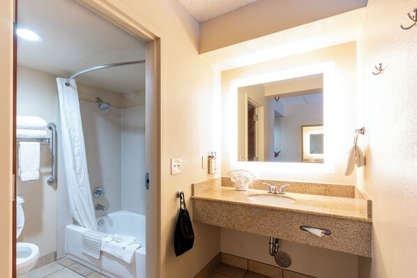 A bathroom with a shower, toilet, sink, and mirror.