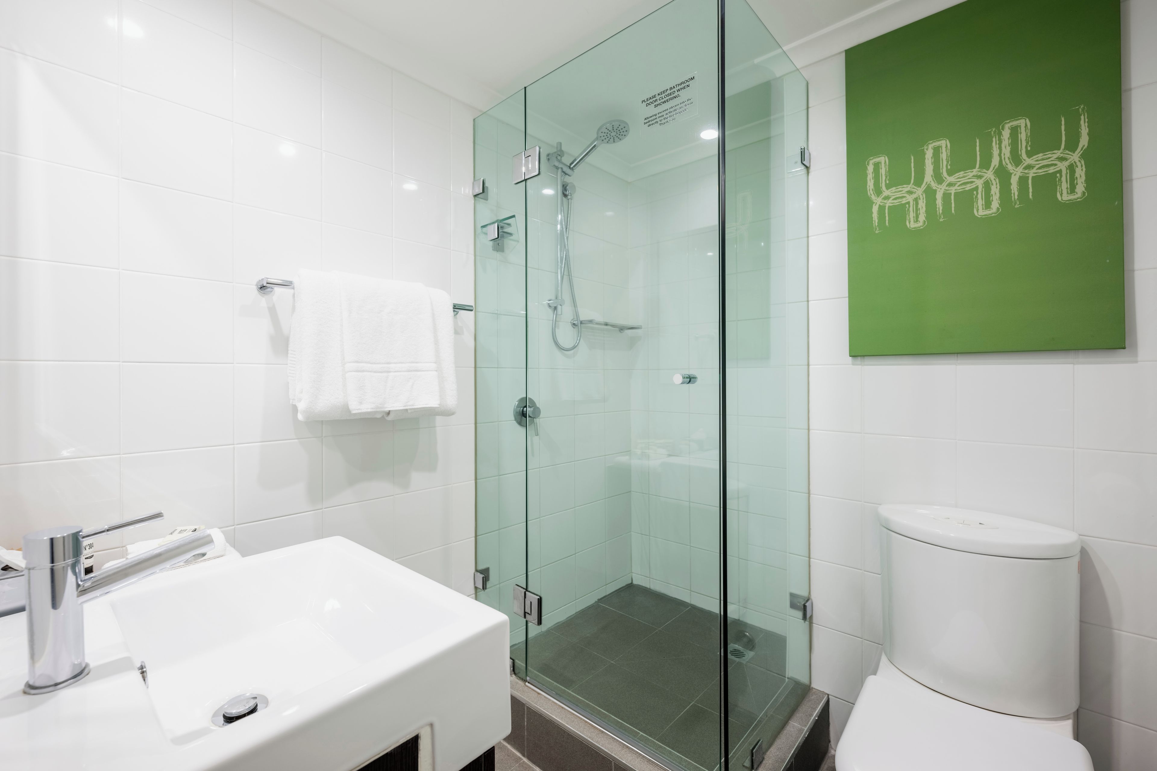 A modern bathroom with a glass-enclosed shower, a white sink, and a toilet.