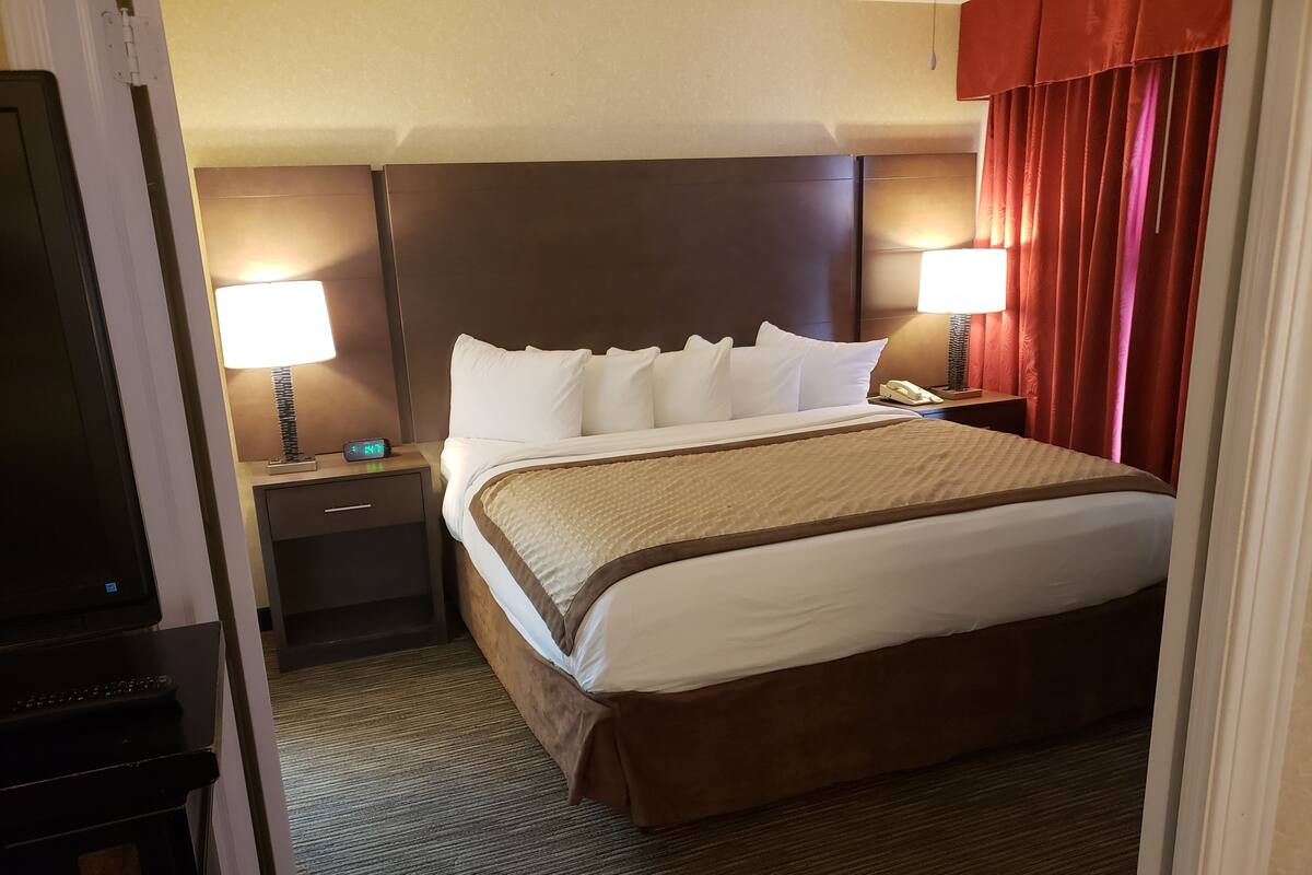 A hotel room with a bed, two bedside lamps, a nightstand, and a TV.