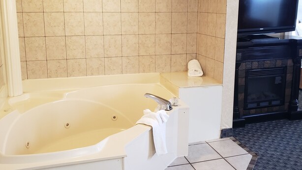 Une salle de bain avec une grande baignoire, un téléviseur et un mur recouvert de carreaux.