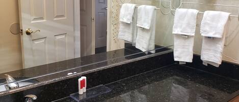 Ein Badezimmer mit einer schwarzen Granitplatte, einem weißen Waschbecken und einer Duschkabine aus Glas.
