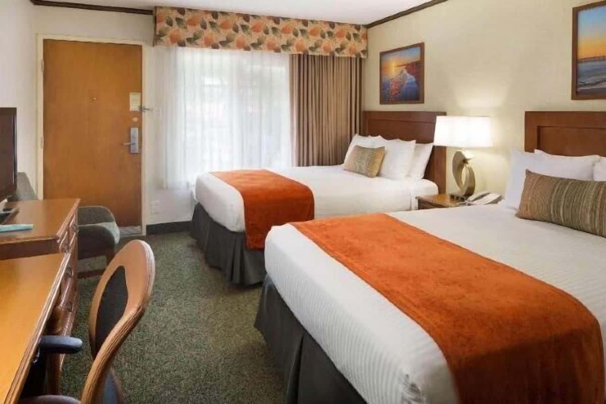 Escritorio, cortinas blackout y tabla de planchar con plancha