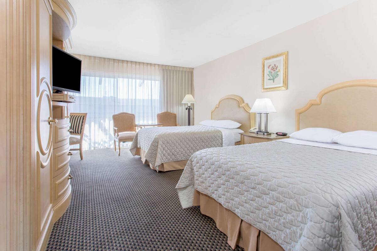 A hotel room with two beds, a TV, a desk, and a chair.