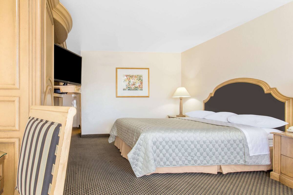 A hotel room with a bed, a television, a lamp, and a framed picture on the wall.