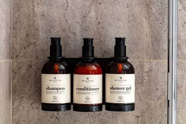 Eco-friendly toiletries, hair dryer, bathrobes, towels